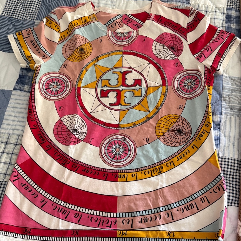 Tory Burch Compass Print T Shirt S Pinks Red 100 % cotton vguc - Picture 6 of 12